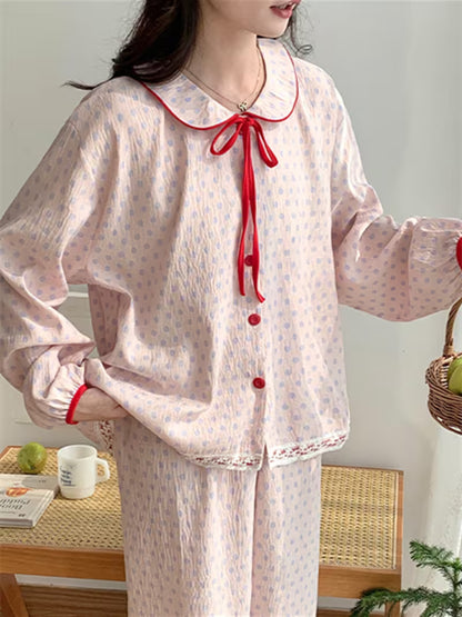 Japanese-Style Sweet Bow Pajamas for Women, Spring/Autumn Lightweight Long-Sleeve Loungewear
