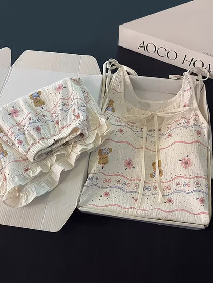 In-Stock Premium Style Cartoon Cute Bear Pajamas Women'S Bra Cup Cami Shorts Easy Bow Loose Pullover Home Wear 2Pcss Set Casual Sleeveless 2Pcss Set Outing Spring Summer New