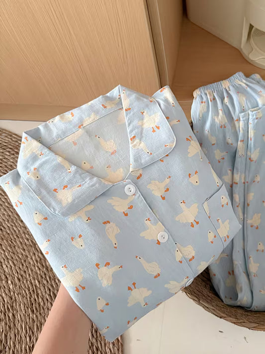 [French Cream Pajama Set] 2026 Spring Autumn New French Cream Blue Pajama Set Women, Cottagecore Duck Print Fresh Loungewear, Lapel Cardigan Long Sleeve Pants Two-Piece, Sweet Minimalist Outdoor Wear