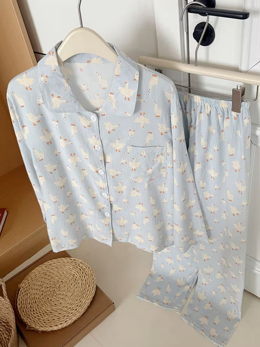 [French Cream Pajama Set] 2026 Spring Autumn New French Cream Blue Pajama Set Women, Cottagecore Duck Print Fresh Loungewear, Lapel Cardigan Long Sleeve Pants Two-Piece, Sweet Minimalist Outdoor Wear