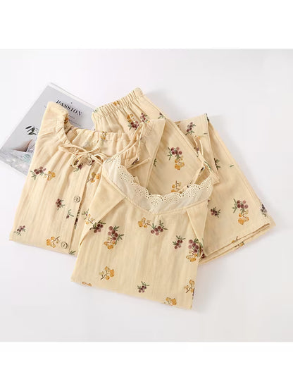 Women's Pure Plain Gauze 3pcs Pajama Set, Long-sleeve Cardigan and Camisole with Lace Trim, Sweet Loungewear for Women