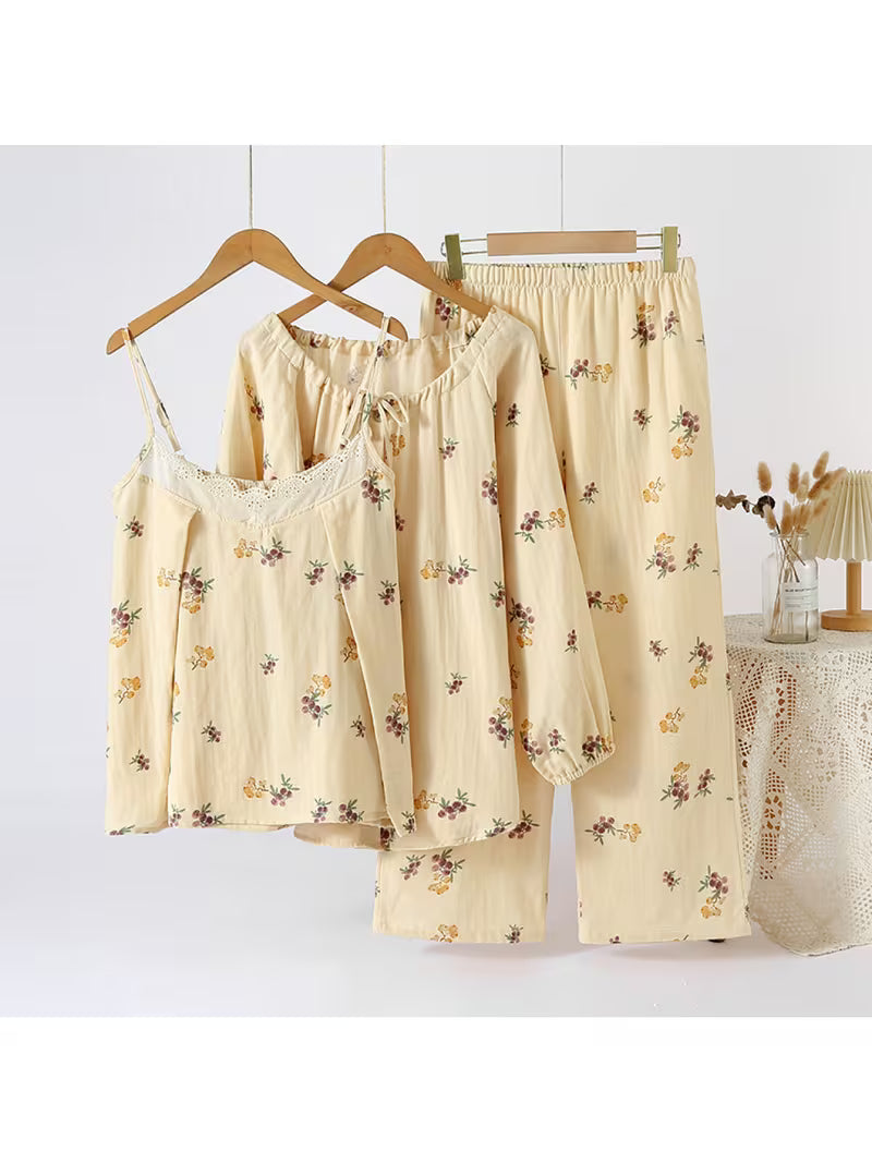 Women's Pure Plain Gauze 3pcs Pajama Set, Long-sleeve Cardigan and Camisole with Lace Trim, Sweet Loungewear for Women