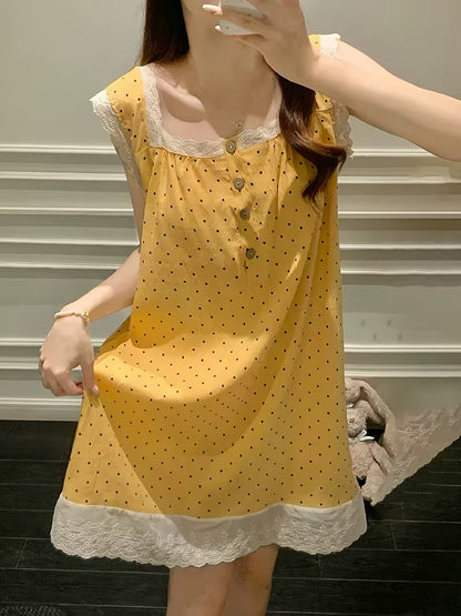 Women's Summer Sweet Korean Style Lace Trim Princess Sleeveless Camisole Nightgown with Chest Pads