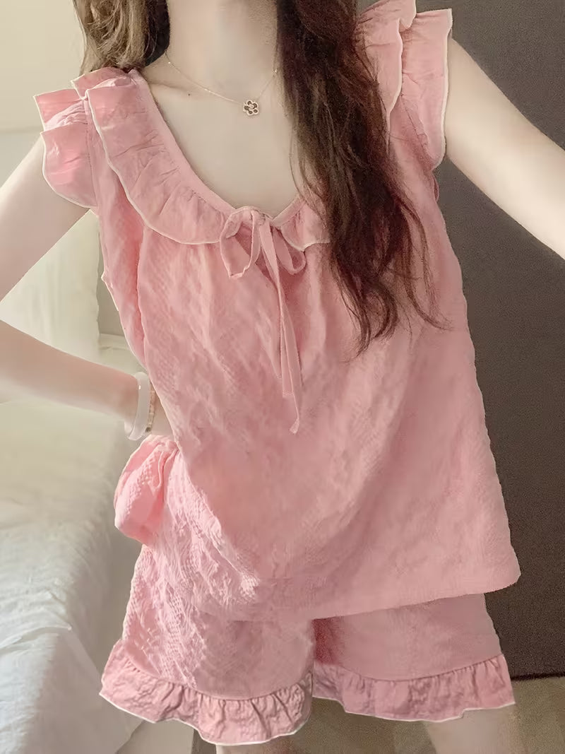 Women's Pajamas Set with Chest Pad, Summer Sweet Girly Camisole And Short Shorts Outfit