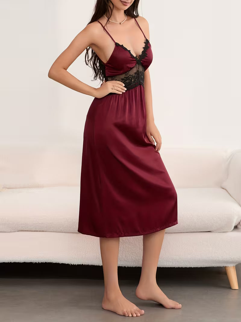 Women'S Summer Slip Sleep Dress Spaghetti Strap Loungewear Lace Patchwork Satin Lingerie
