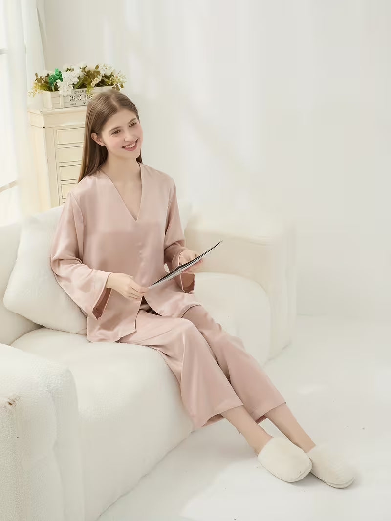 Women'S 100% 6A Grade Long Sleeve Pajama Set, V-Neck Style 3605, Perfect for Women, Women'S Pajamas, Women'S Pajamas Set, Women'S Pajamas Outfit, Women'S Pajamas Suit