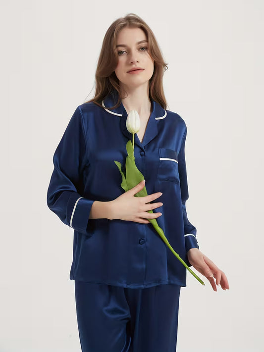Women's 100% Pure 6A Grade Mulberry Silky Long Sleeve Long Pants Pajama Set, Piping Design with Pockets
