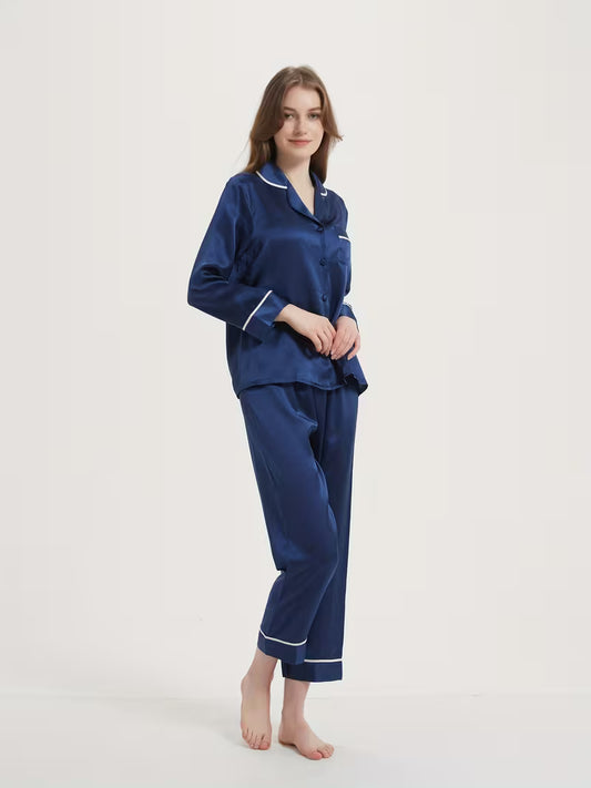 Women's 100% Pure 6A Grade Mulberry Silky Long Sleeve Long Pants Pajama Set, Piping Design with Pockets