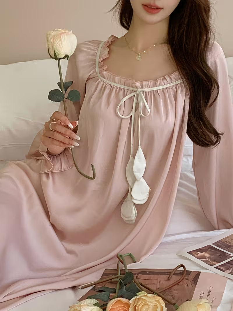 French-Style Sweet and Cute Long Nightgown, Solid Color with Ties, Loose Fit, Casual and Comfortable, Long Sleeve Women's Sleepwear, Loungewear