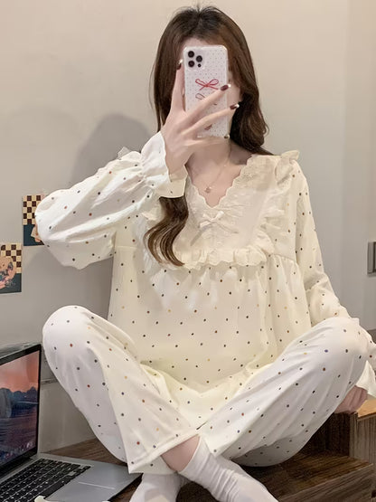New Spring And Summer Women'S Pajamas Featuring a Cloud And Butterfly Collar Set, Korean Style Long-Sleeve Pullover with Small Polka Dots