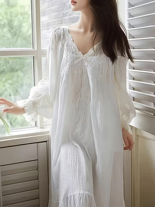 A Single French Court V-Neck Lace-Trimmed Princess Nightgown - a Solid White, Long-Sleeved, Flowing Garment That Is Cozy Enough for Home Wear, Suitable for All Seasons, This Luxurious Adult Nightgown Features Elegant Long Sleeves And Lace
