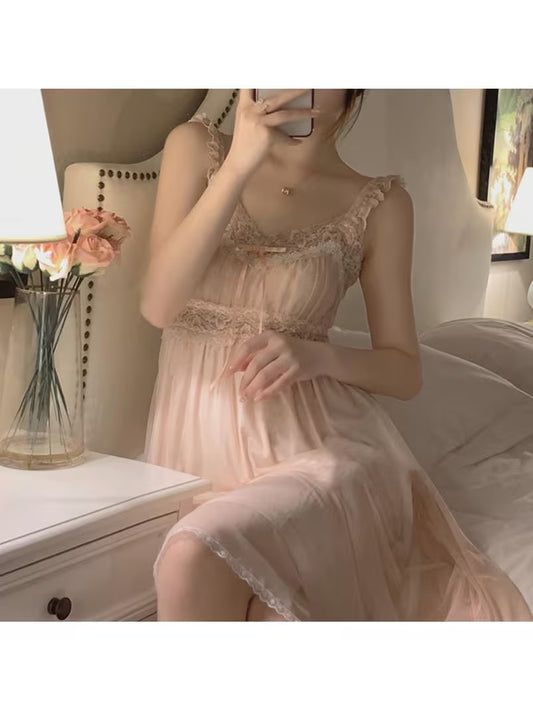 Fairy Court Style Pajamas for Women Mesh Lace Lace Bow Can Be Worn with Loungewear Nightdress