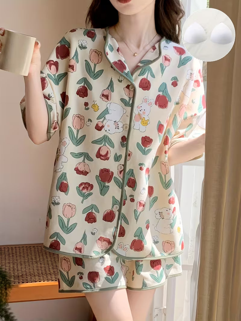 Women's Summer Sleepwear Pajama Set, High-Value Short Sleeve Loose Fit Plus Size with Built-in Bra Pads