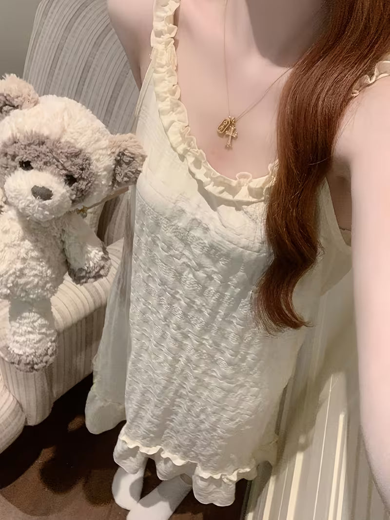 Korean Sweet Camisole Nightgown Women'S Summer Round Neck Sleeveless Ruffled Lace Thin Strap Home Wear