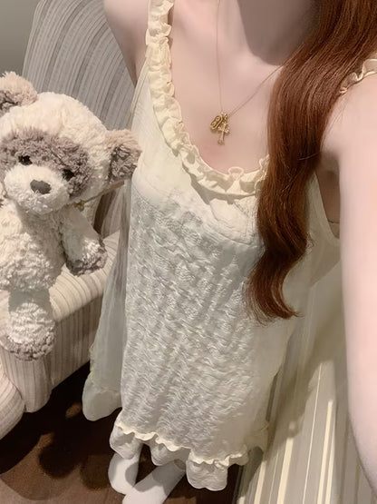 Korean Sweet Camisole Nightgown Women'S Summer Round Neck Sleeveless Ruffled Lace Thin Strap Home Wear