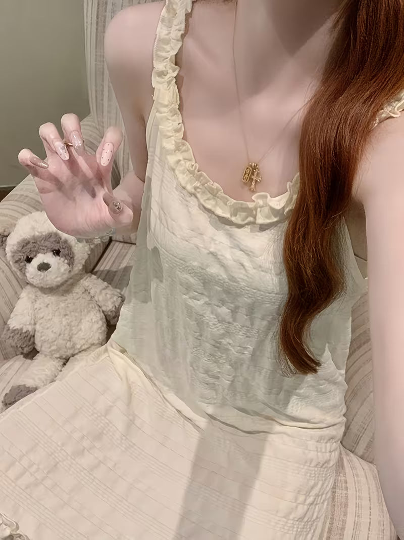 Korean Sweet Camisole Nightgown Women'S Summer Round Neck Sleeveless Ruffled Lace Thin Strap Home Wear