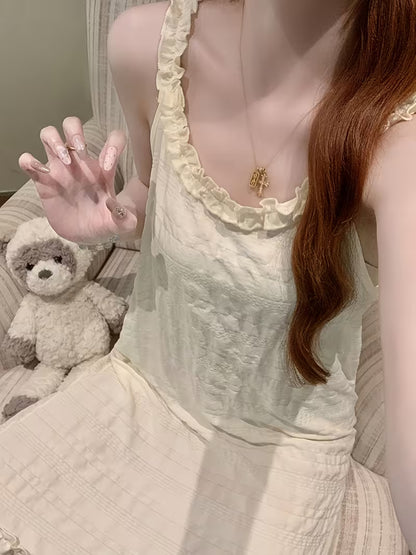 Korean Sweet Camisole Nightgown Women'S Summer Round Neck Sleeveless Ruffled Lace Thin Strap Home Wear