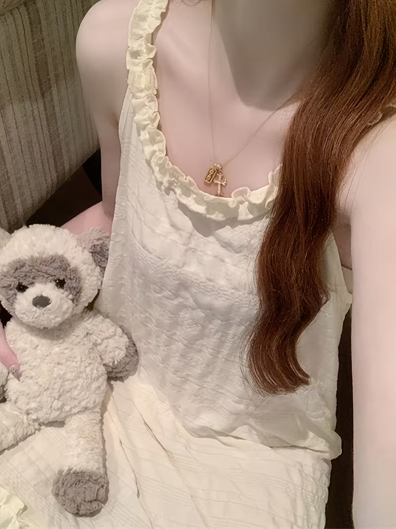 Korean Sweet Camisole Nightgown Women'S Summer Round Neck Sleeveless Ruffled Lace Thin Strap Home Wear