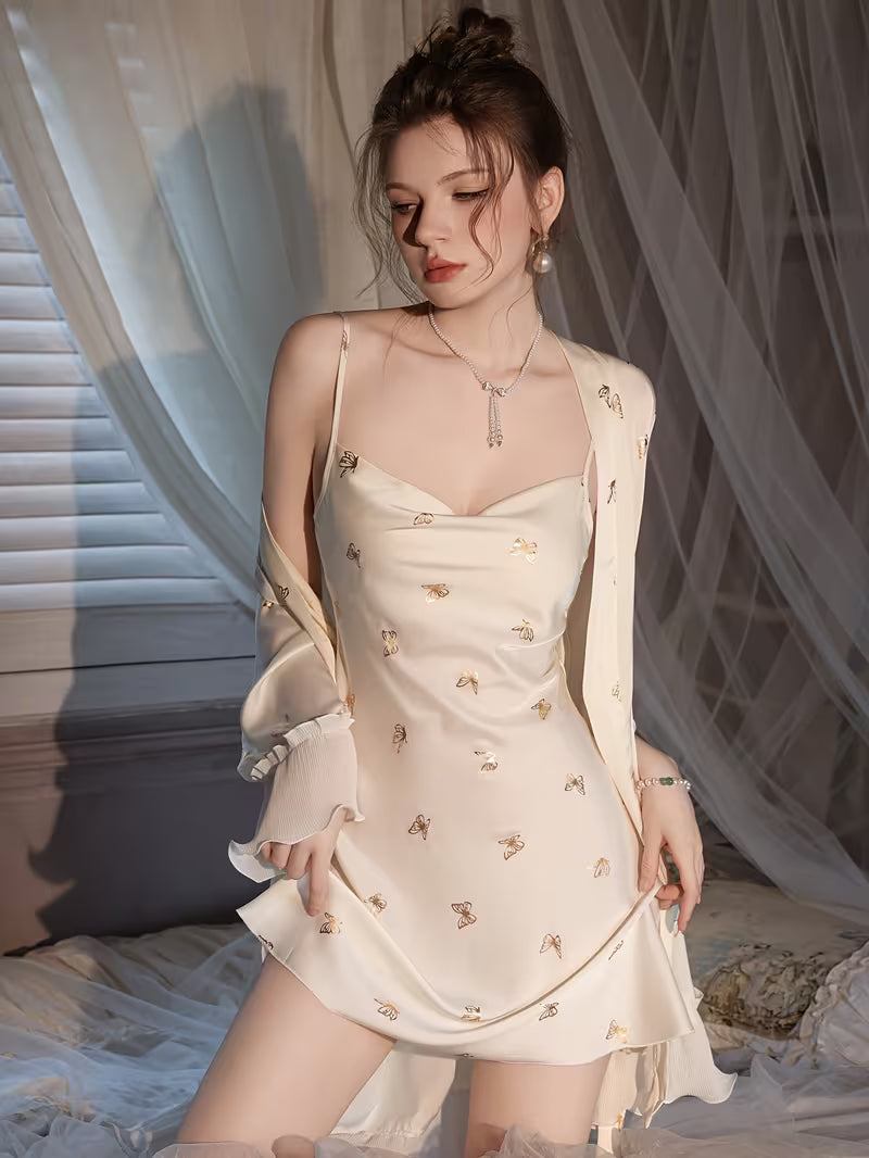 Warm White Ice Silky Fiber Fabric Nightgown, Women's Sexy Camisole , Thin Spring/Autumn Style with Ironed Butterfly Design, Mesh Sheer Pure Desire Style Homewear Set for Summer