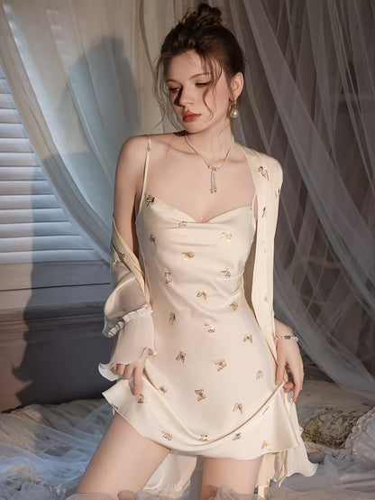 Warm White Ice Silky Fiber Fabric Nightgown, Women's Sexy Camisole , Thin Spring/Autumn Style with Ironed Butterfly Design, Mesh Sheer Pure Desire Style Homewear Set for Summer