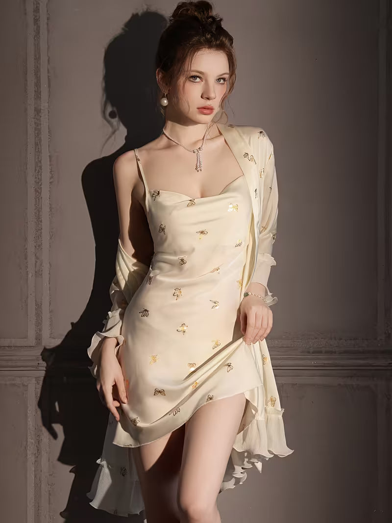Warm White Ice Silky Fiber Fabric Nightgown, Women's Sexy Camisole , Thin Spring/Autumn Style with Ironed Butterfly Design, Mesh Sheer Pure Desire Style Homewear Set for Summer
