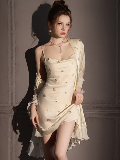 Warm White Ice Silky Fiber Fabric Nightgown, Women's Sexy Camisole , Thin Spring/Autumn Style with Ironed Butterfly Design, Mesh Sheer Pure Desire Style Homewear Set for Summer