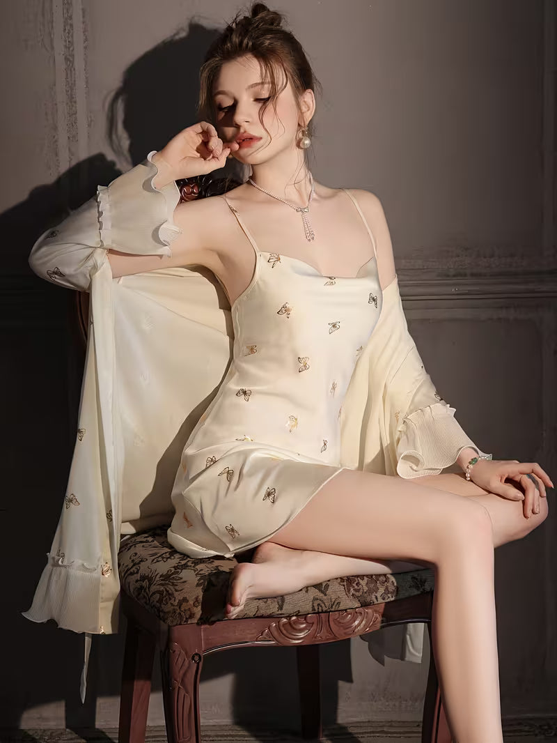 Warm White Ice Silky Fiber Fabric Nightgown, Women's Sexy Camisole , Thin Spring/Autumn Style with Ironed Butterfly Design, Mesh Sheer Pure Desire Style Homewear Set for Summer