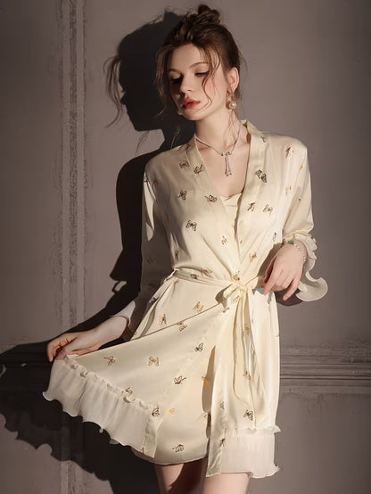 Warm White Ice Silky Fiber Fabric Nightgown, Women's Sexy Camisole , Thin Spring/Autumn Style with Ironed Butterfly Design, Mesh Sheer Pure Desire Style Homewear Set for Summer