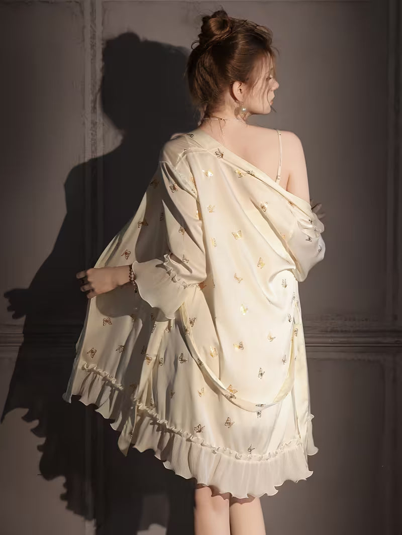Warm White Ice Silky Fiber Fabric Nightgown, Women's Sexy Camisole , Thin Spring/Autumn Style with Ironed Butterfly Design, Mesh Sheer Pure Desire Style Homewear Set for Summer