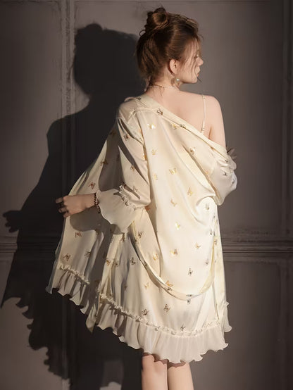 Warm White Ice Silky Fiber Fabric Nightgown, Women's Sexy Camisole , Thin Spring/Autumn Style with Ironed Butterfly Design, Mesh Sheer Pure Desire Style Homewear Set for Summer