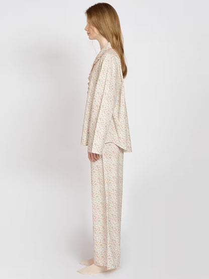 Women's Pajama Set 2026 New Floral Print Collared Lace Trim Lightweight 2pcs Set, Fashionable Elegant Long Sleeve Long Pants