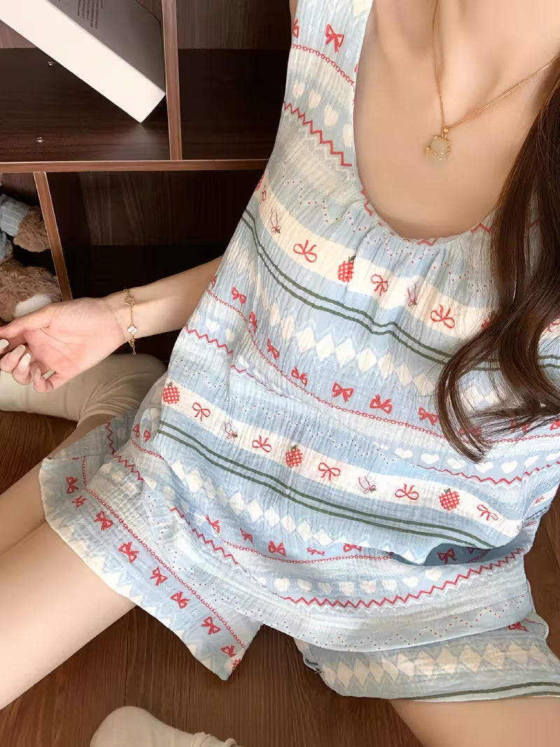 Korean Vest Shorts Pajamas Women's Summer with Chest Pads Sweet and Cute Striped Loungewear Suit Can Be Worn Outside