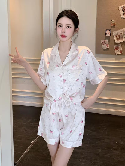 Women's Silky-Feel Short Sleeve Pajama Set, Soft Draped Breathable Home Lounge Sleepwear 2pcs Short Top and Shorts Set with Minimal Chic Print