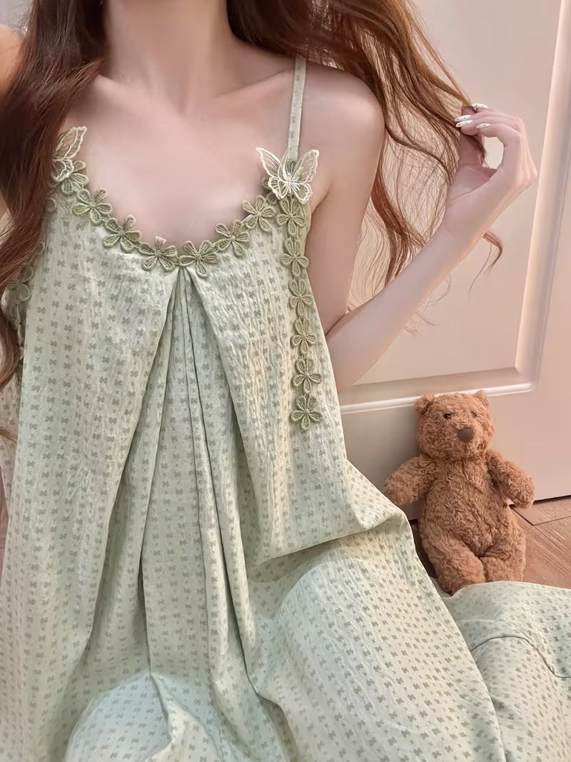 Princess Style Cami Dress Women'S Summer Bra Cup Sweet Cute Lace Trim Butterfly Home Wear