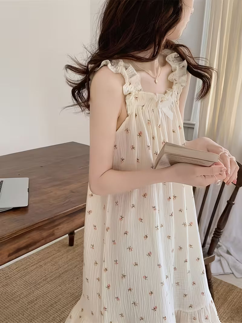 Spring/Summer Japanese & Korean Style Emerald Floral Camisole Nightgown, Sweet Loose-Fit Plus-Size Outerwear Loungewear Dress