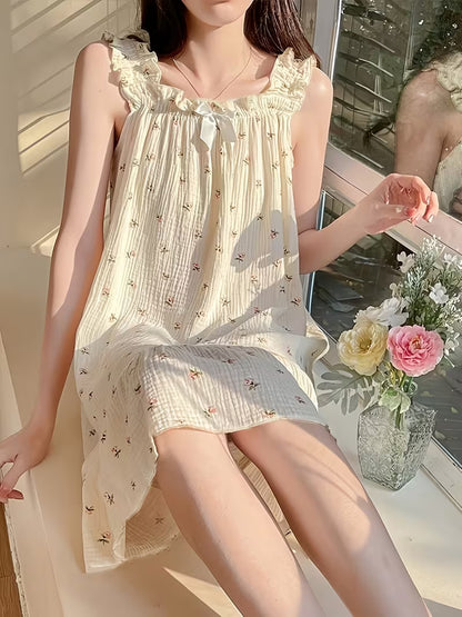 Spring/Summer Japanese & Korean Style Emerald Floral Camisole Nightgown, Sweet Loose-Fit Plus-Size Outerwear Loungewear Dress