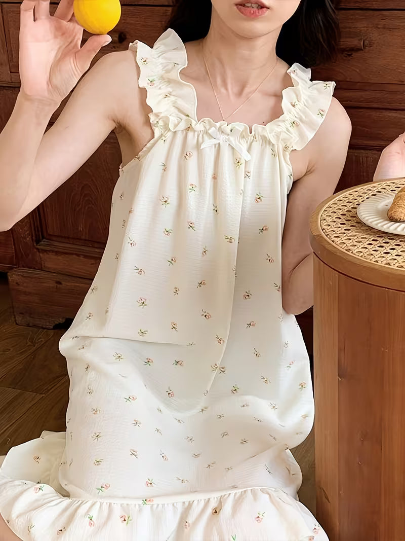 Spring/Summer Japanese & Korean Style Emerald Floral Camisole Nightgown, Sweet Loose-Fit Plus-Size Outerwear Loungewear Dress