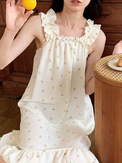 Spring/Summer Japanese & Korean Style Emerald Floral Camisole Nightgown, Sweet Loose-Fit Plus-Size Outerwear Loungewear Dress