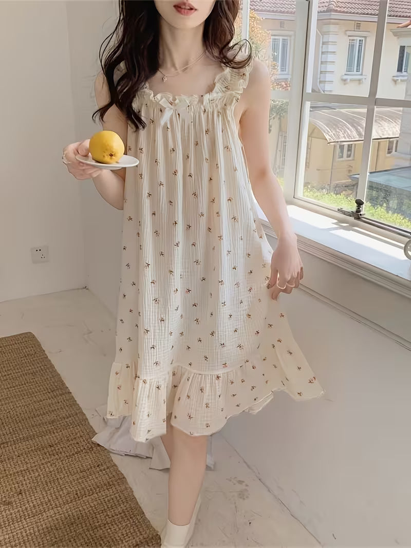 Spring/Summer Japanese & Korean Style Emerald Floral Camisole Nightgown, Sweet Loose-Fit Plus-Size Outerwear Loungewear Dress