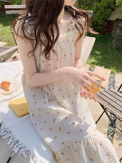 Spring/Summer Japanese & Korean Style Emerald Floral Camisole Nightgown, Sweet Loose-Fit Plus-Size Outerwear Loungewear Dress