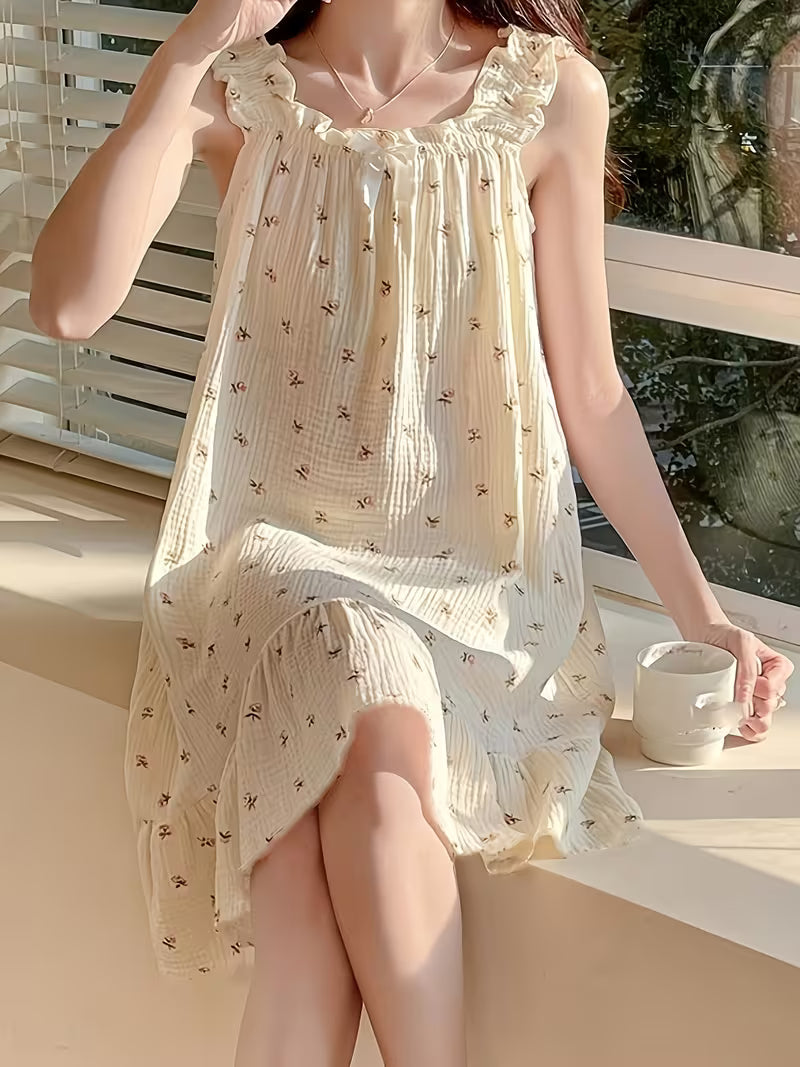 Spring/Summer Japanese & Korean Style Emerald Floral Camisole Nightgown, Sweet Loose-Fit Plus-Size Outerwear Loungewear Dress