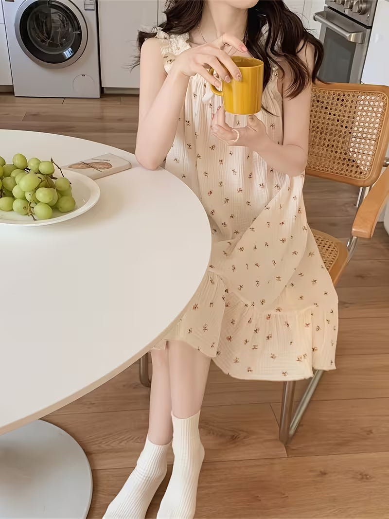 Spring/Summer Japanese & Korean Style Emerald Floral Camisole Nightgown, Sweet Loose-Fit Plus-Size Outerwear Loungewear Dress