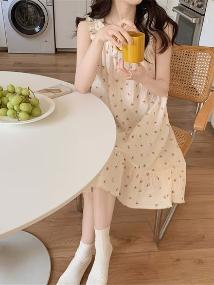 Spring/Summer Japanese & Korean Style Emerald Floral Camisole Nightgown, Sweet Loose-Fit Plus-Size Outerwear Loungewear Dress