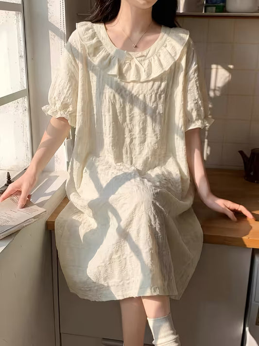 Princess-style Short-sleeve Nightgown for Women, Summer Sweet and Cute Bow, Solid Color Loungewear, Can Be Worn Outside