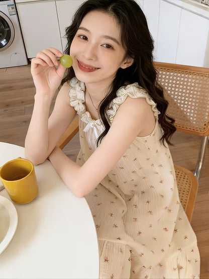 Ins Hot Style Fresh Floral Nightgown, Bow Tie Tie-Up Loose Camisole Dress, Breathable Home Sleepwear