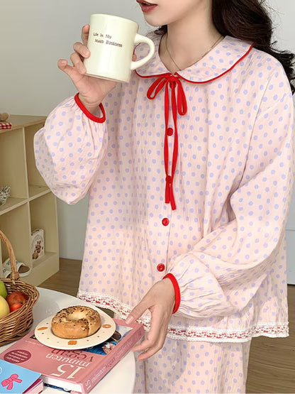 Japanese-Style Sweet Bow Pajamas for Women, Spring/Autumn Lightweight Long-Sleeve Loungewear