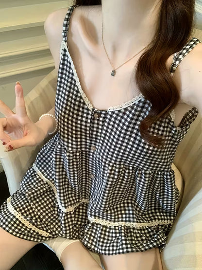 Plaid Lace Cami Dress Women'S Summer Sexy with Chest Pad Sweet Cute Home Wear 2pcs Set