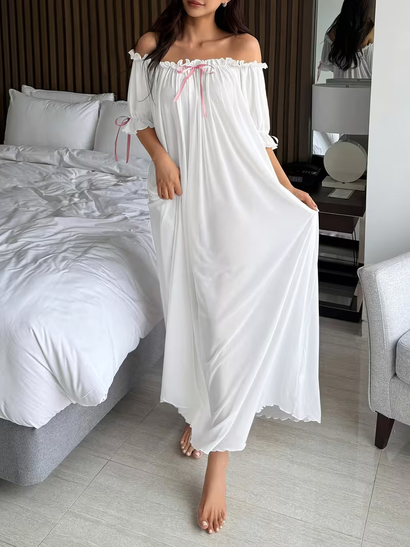 Standard Size Women's All-Season Nightgown, Simple Solid Color, Comfortable and Sexy Off-the-Shoulder Long Style