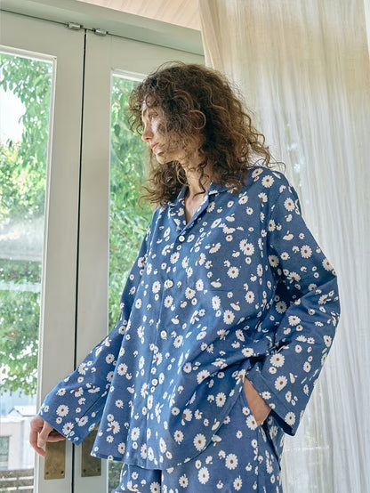 New Women's Pajama Set with Long Sleeves and Pants, Blue Daisy Print Casual Elegant Lounge Wear - Soft Comfortable Fabric