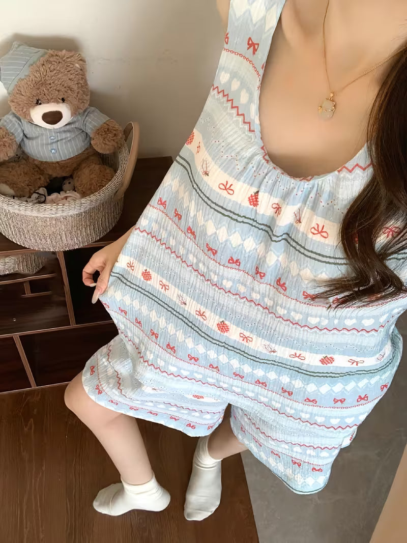 Korean Vest Shorts Pajamas Women's Summer with Chest Pads Sweet and Cute Striped Loungewear Suit Can Be Worn Outside
